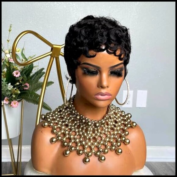 Glueless Human Hair Pixie Cut Wig Curly Wave Layered With Bangs Daily Wear